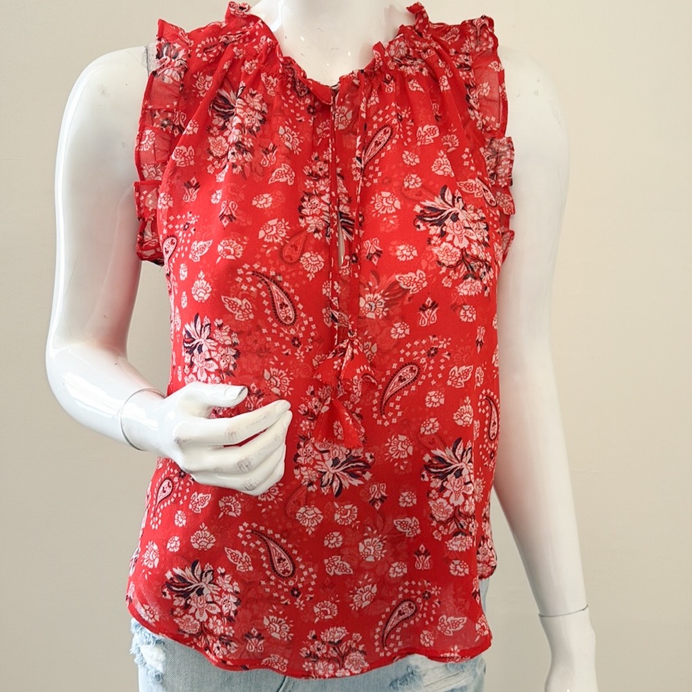Misa Los Angeles Red Floral Bandana Print Sleeveless Flowy Blouse w Tie Neck